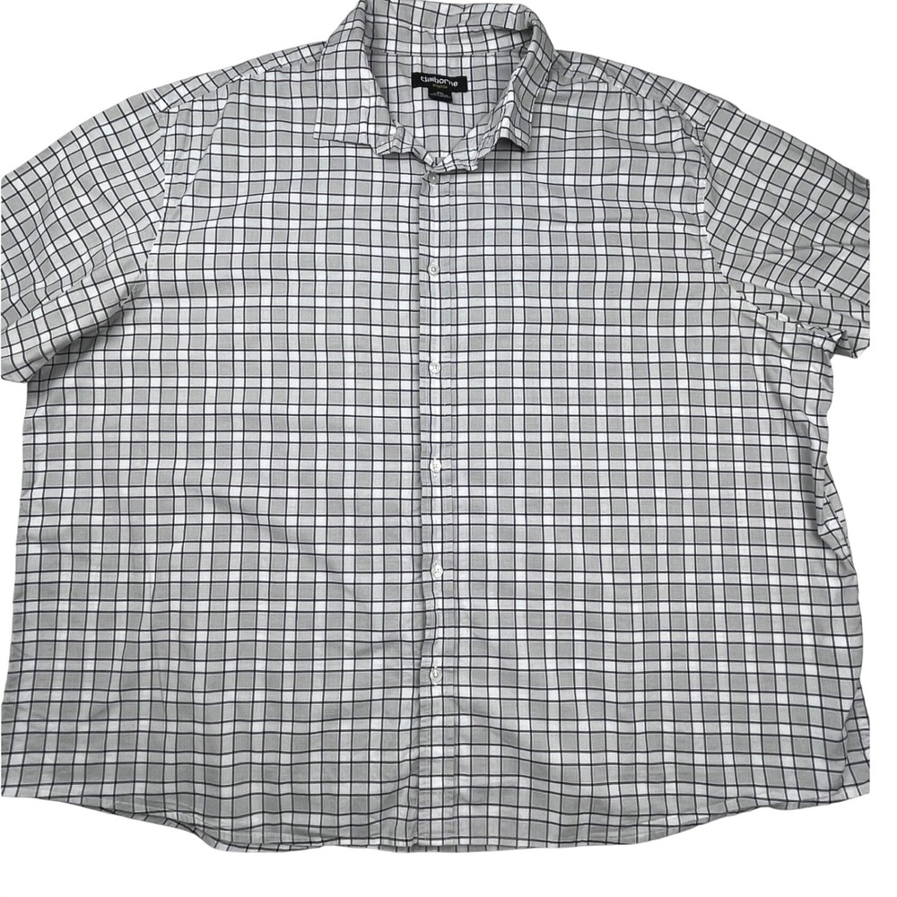 Claiborne Stretch Mens 3XL Short Sleeve Button Up Shirt Plaid Grid Check Grey